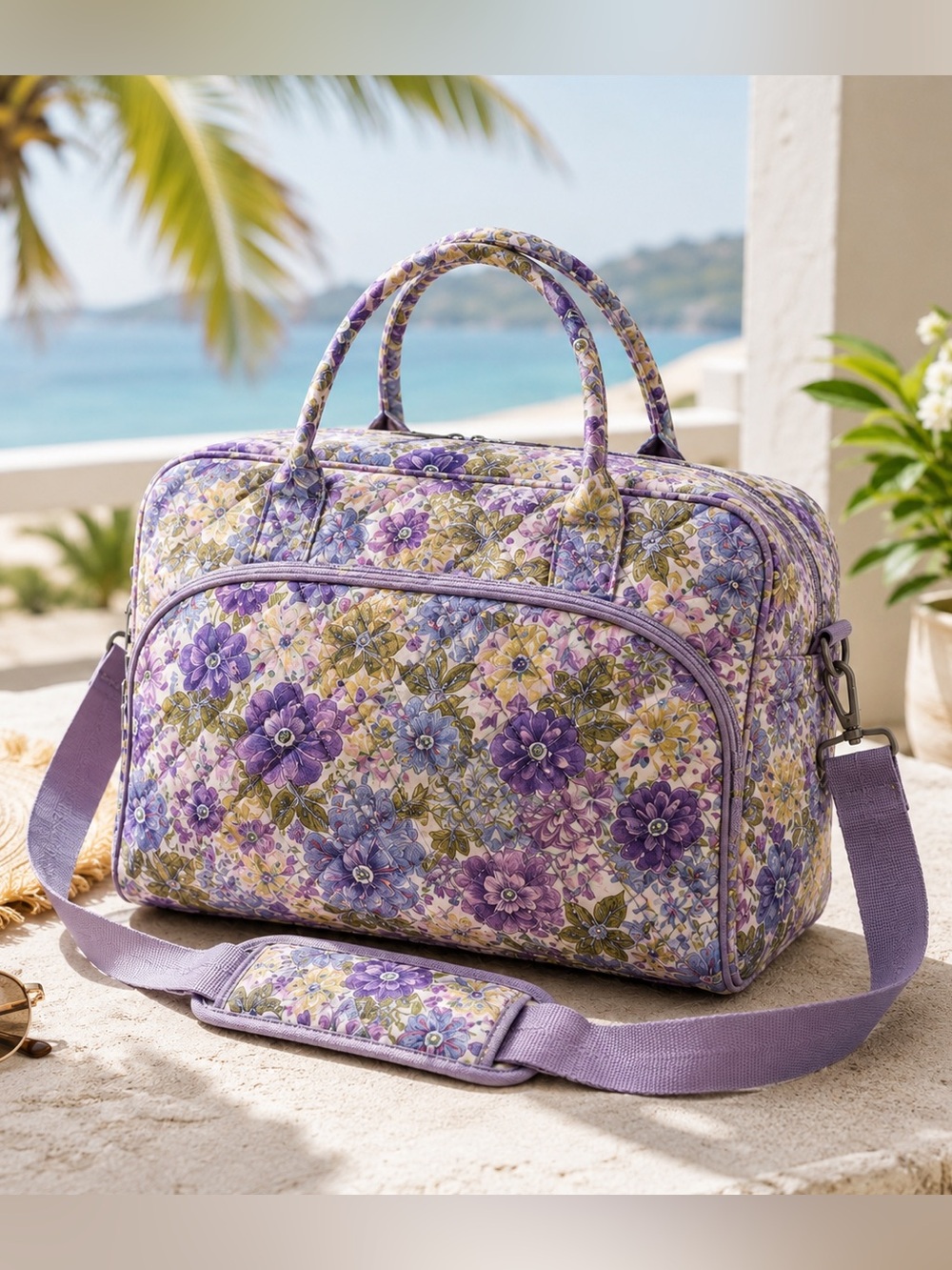 Vera Bradley Quilted Floral Weekender Travel Bag Laptop Tote Purple Blue